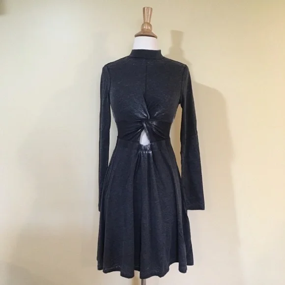 Twist Front Cut Out Long Sleeve Soft Knit Dress Charcoal Grey - Picture 5 of 7